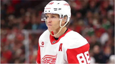 Patrick Kane #88 of the Detroit Red Wings looks on against the Chicago Blackhawks during the first period at the United Center on November 06, 2024 in Chicago, Illinois.