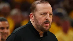 Tom Thibodeau of the New York Knicks looks on during the second quarter against the Indiana Pacers in Game Six of the Eastern Conference Finals of the 2025 NBA Playoffs.