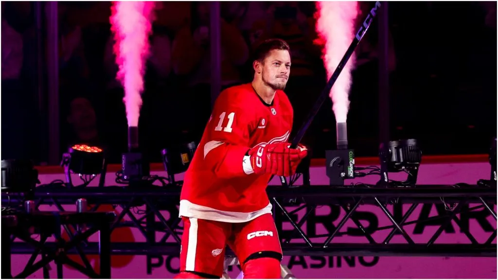 Vladimir Tarasenko #11 of the Detroit Red Wings is introduced before a game against the Pittsburgh Penguins at Little Caesars Arena on October 10, 2024 in Detroit, Michigan.