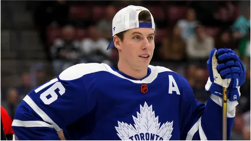 Mitchell Marner #16 of the Toronto Maple Leafs looks on in the Discover NHL Tendy Tandem during the 2023 NHL All-Star Skills Competition at FLA Live Arena on February 03, 2023 in Sunrise, Florida.