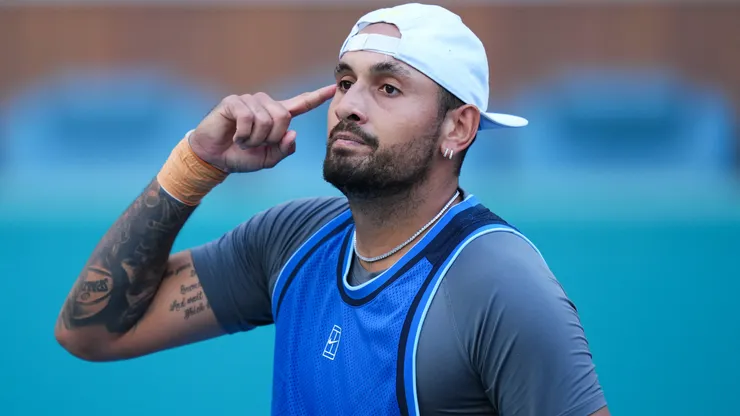 Nick Kyrgios of Australia reacts after defeating Mackenzie McDonald of the United States during the Miami Open.