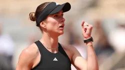 Elina Svitolina of Ukraine celebrates a point against Jasmine Paolini of Italy during the French Open.