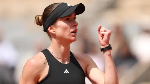 Elina Svitolina of Ukraine celebrates a point against Jasmine Paolini of Italy during the French Open.