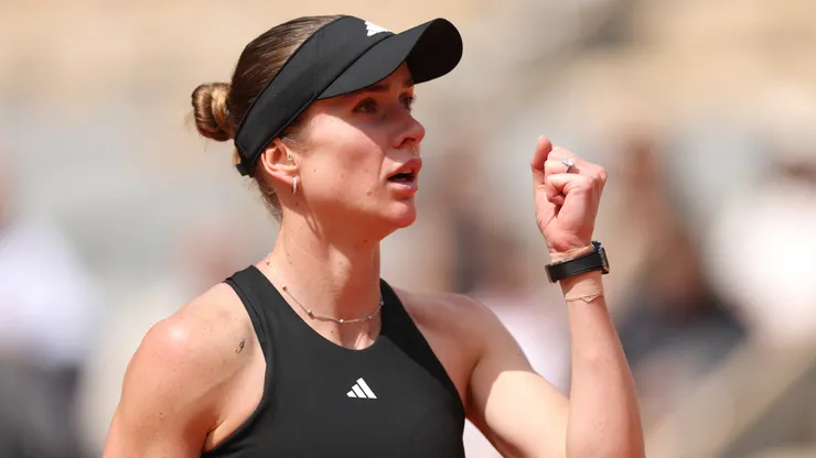 Elina Svitolina of Ukraine celebrates a point against Jasmine Paolini of Italy during the French Open.