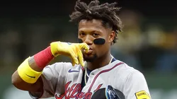 Ronald Acuña Jr. #13 of the Atlanta Braves reacts after reaching second base in the ninth inning against the Milwaukee Brewers at American Family Field on June 09, 2025 in Milwaukee, Wisconsin.