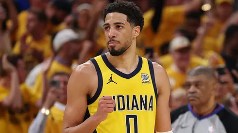 Tyrese Haliburton #0 of the Indiana Pacers reacts during the last minute of the fourth quarter against the Oklahoma City Thunder in Game Three of the 2025 NBA Finals at Gainbridge Fieldhouse on June 11, 2025 in Indianapolis, Indiana.