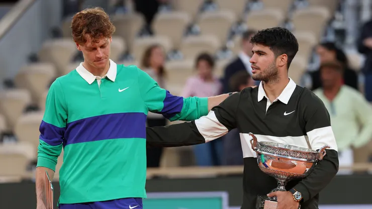 Carlos Alcaraz and Jannik Sinner greet each other after the 2025 Roland Garros final.