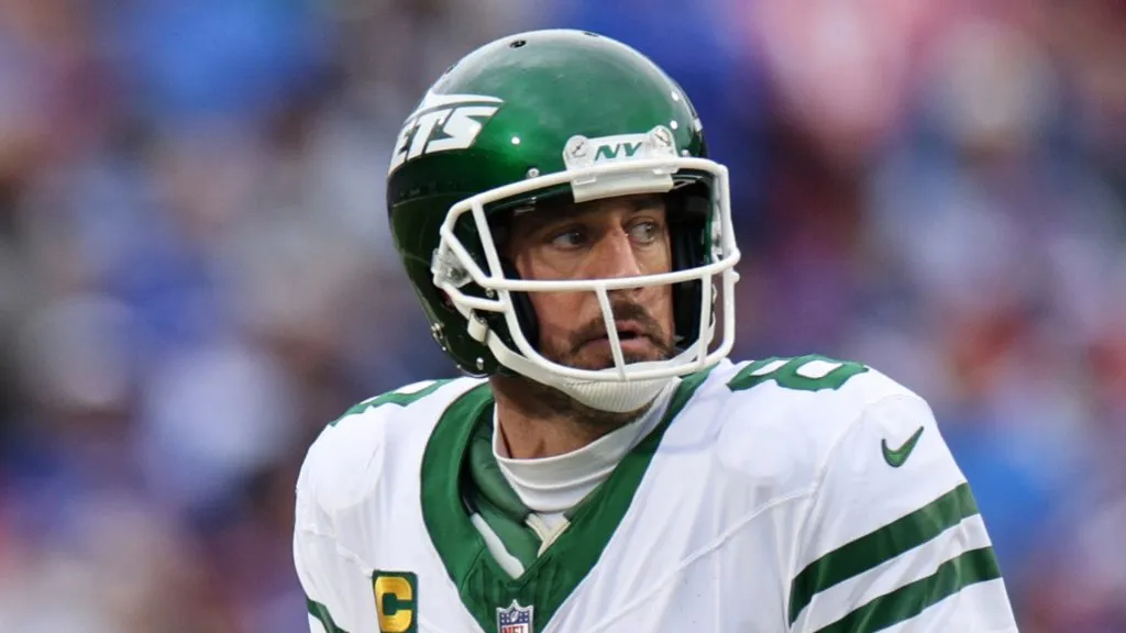 Quarterback Aaron Rodgers #8 of the New York Jets looks to pass during the first quarter against the Buffalo Bills at Highmark Stadium on December 29, 2024 in Orchard Park, New York.