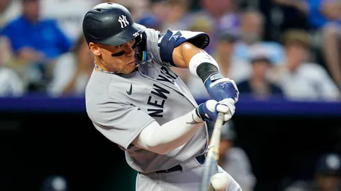 Aaron Judge #99 of the New York Yankees hits a home run during the seventh inning against the Kansas City Royals at Kauffman Stadium on June 11, 2025 in Kansas City, Missouri.