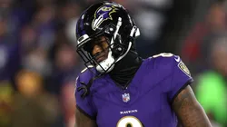 Lamar Jackson #8 of the Baltimore Ravens reacts against the Kansas City Chiefs during the fourth quarter in the AFC Championship Game at M&T Bank Stadium on January 28, 2024 in Baltimore, Maryland.