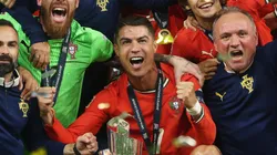 Cristiano Ronaldo and team mates of Portugal pose for a photo with the UEFA Nations League trophy after their victory in the UEFA Nations League 2025 final match between Portugal and Spain