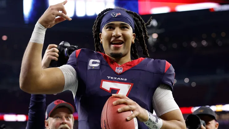 C.J. Stroud #7 of the Houston Texans celebrates after defeating the Cleveland Browns in the AFC Wild Card Playoffs at NRG Stadium on January 13, 2024 in Houston, Texas.