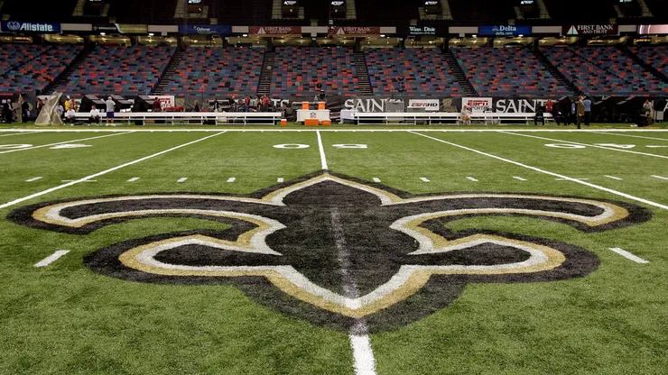 An interior view of the field showing the New Orleans Saints logo.