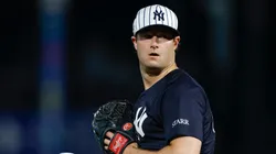 Gerrit Cole #45 of the New York Yankees looks on between pitches in the second inning during a spring training game against the Toronto Blue Jays at George M. Steinbrenner Field on February 28, 2025 in Tampa, Florida.