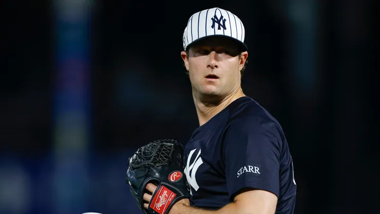 Gerrit Cole #45 of the New York Yankees looks on between pitches in the second inning during a spring training game against the Toronto Blue Jays at George M. Steinbrenner Field on February 28, 2025 in Tampa, Florida.