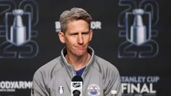 Head coach Kris Knoblauch of the Edmonton Oilers speaks during Media Day prior to the 2025 Stanley Cup Final against the Florida Panthers at Rogers Place on June 03, 2025 in Edmonton, Alberta.