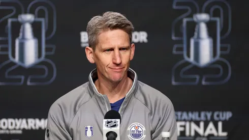 Head coach Kris Knoblauch of the Edmonton Oilers speaks during Media Day prior to the 2025 Stanley Cup Final against the Florida Panthers at Rogers Place on June 03, 2025 in Edmonton, Alberta.