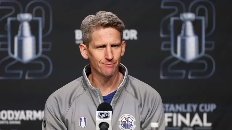 Head coach Kris Knoblauch of the Edmonton Oilers speaks during Media Day prior to the 2025 Stanley Cup Final against the Florida Panthers at Rogers Place on June 03, 2025 in Edmonton, Alberta.