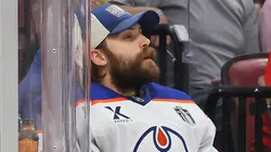 Stuart Skinner #74 of the Edmonton Oilers sits on the bench after a goalie change during the second period against the Edmonton Oilers in Game Four of the 2025 Stanley Cup Final at Amerant Bank Arena on June 12, 2025 in Sunrise, Florida.
