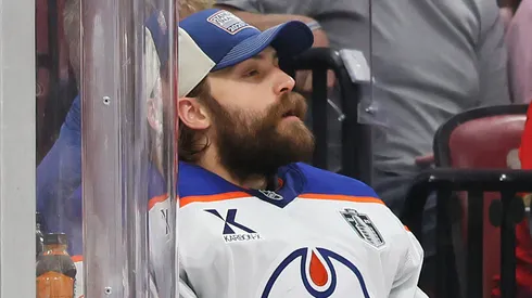 Stuart Skinner #74 of the Edmonton Oilers sits on the bench after a goalie change during the second period against the Edmonton Oilers in Game Four of the 2025 Stanley Cup Final at Amerant Bank Arena on June 12, 2025 in Sunrise, Florida.