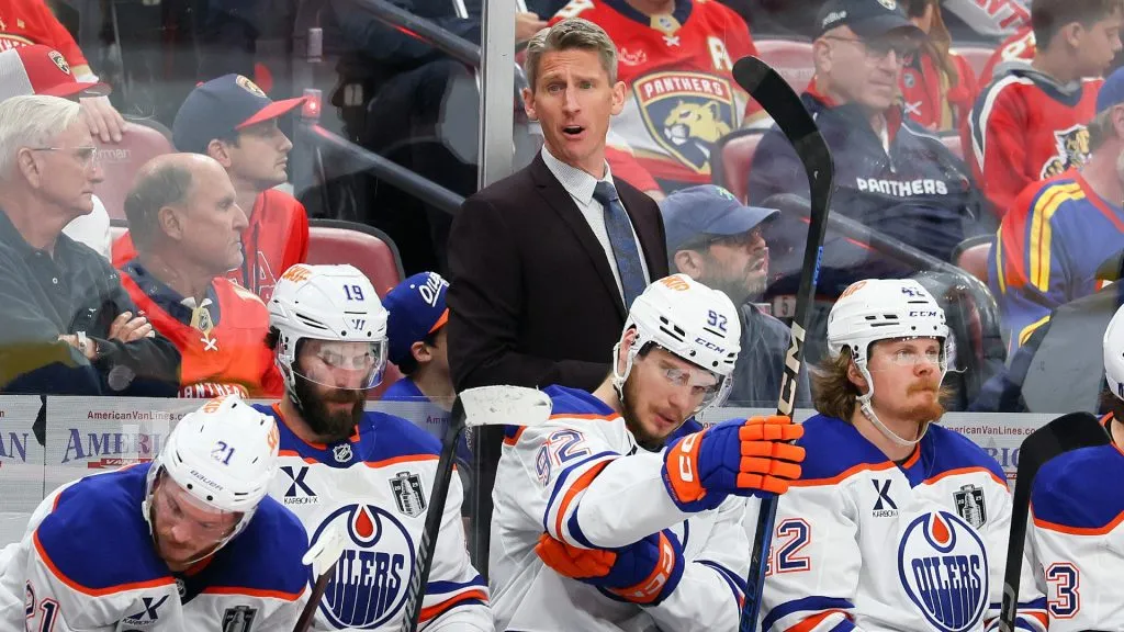 Head coach Kris Knoblauch of the Edmonton Oilers looks on during the second period against the Florida Panthers in Game Four of the 2025 Stanley Cup Final at Amerant Bank Arena on June 12, 2025 in Sunrise, Florida. (Photo by Bruce Bennett/Getty Images)
