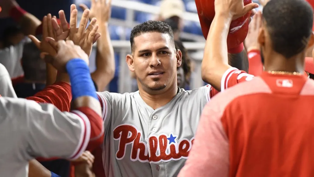 Wilson Ramos during his 2018 stint with the Phillies, where he posted a .337 batting average over 33 games. (Photo by Eric Espada/Getty Images)