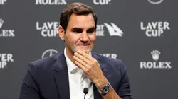 Roger Federer reacts during a press conference at the 2022 Laver Cup