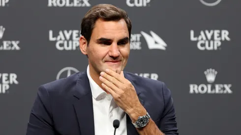 Roger Federer reacts during a press conference at the 2022 Laver Cup