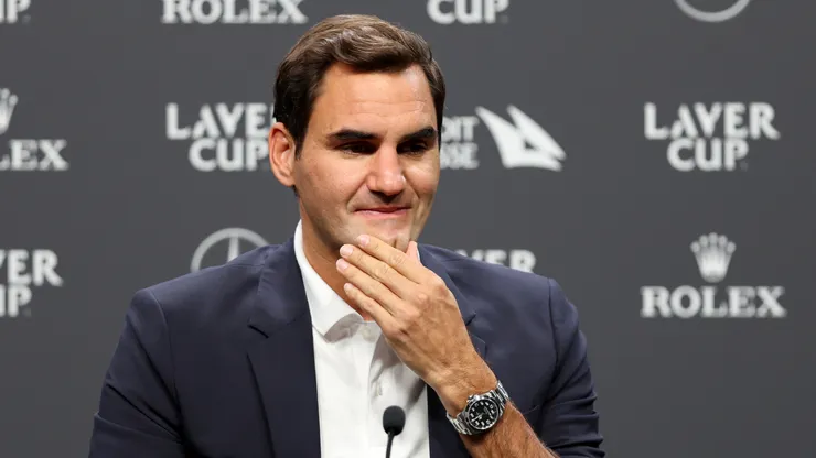 Roger Federer reacts during a press conference at the 2022 Laver Cup