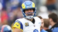 Matthew Stafford #9 of the Los Angeles Rams yells while warming up prior to a game against the New York Giants at MetLife Stadium on December 31, 2023 in East Rutherford, New Jersey.