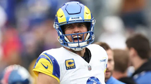 Matthew Stafford #9 of the Los Angeles Rams yells while warming up prior to a game against the New York Giants at MetLife Stadium on December 31, 2023 in East Rutherford, New Jersey.