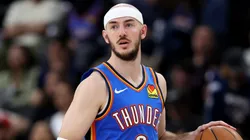 Alex Caruso #9 of the Oklahoma City Thunder in action against the Los Angeles Clippers at Intuit Dome.