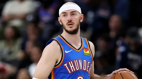 Alex Caruso #9 of the Oklahoma City Thunder in action against the Los Angeles Clippers at Intuit Dome.