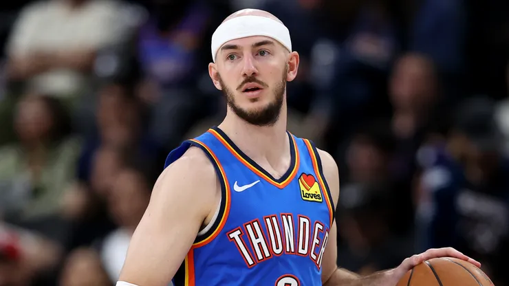 Alex Caruso #9 of the Oklahoma City Thunder in action against the Los Angeles Clippers at Intuit Dome.