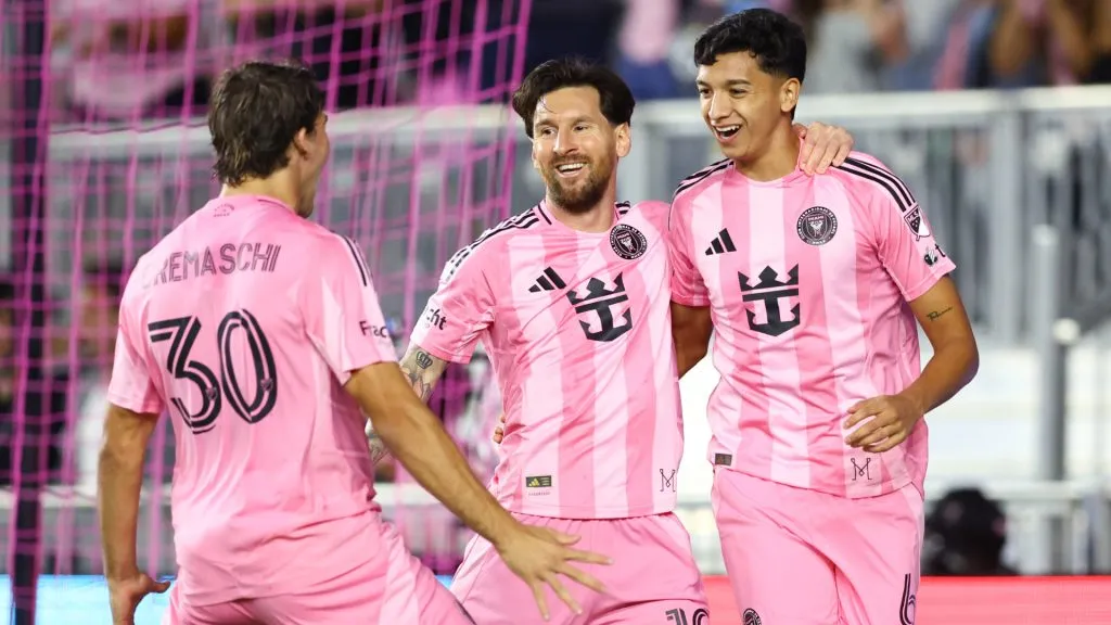 Tomás Aviles #6 of Inter Miami CF celebrates with Lionel Messi and Benjamin Cremaschi after scoring. (Megan Briggs/Getty Images)