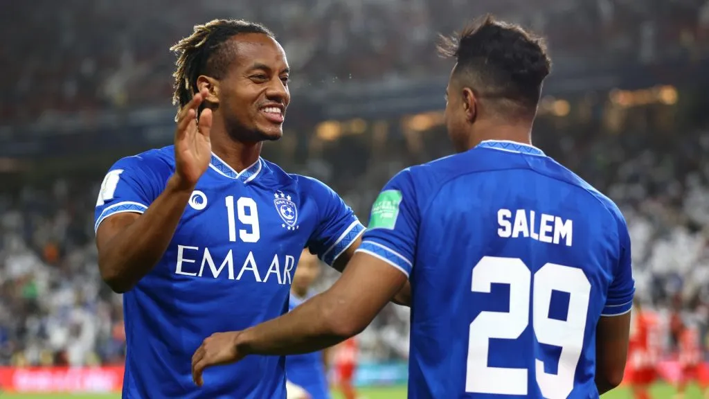Salem Aldawsari celebrates with teammate Andre Carillo of Al Hilal after scoring their team’s fourth goal during the FIFA Club World Cup 2021 2nd Round match vs Al Jazira.