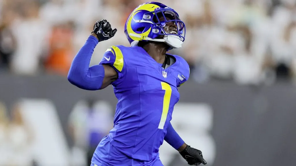 Derion Kendrick #1 of the Los Angeles Rams celebrates a missed field goal by the Cincinnati Bengals