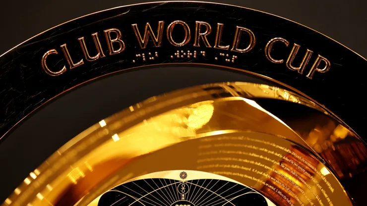 A detailed view of the 2025 FIFA Club World Cup Trophy at BMO Stadium on May 30, 2025 in Los Angeles, California.