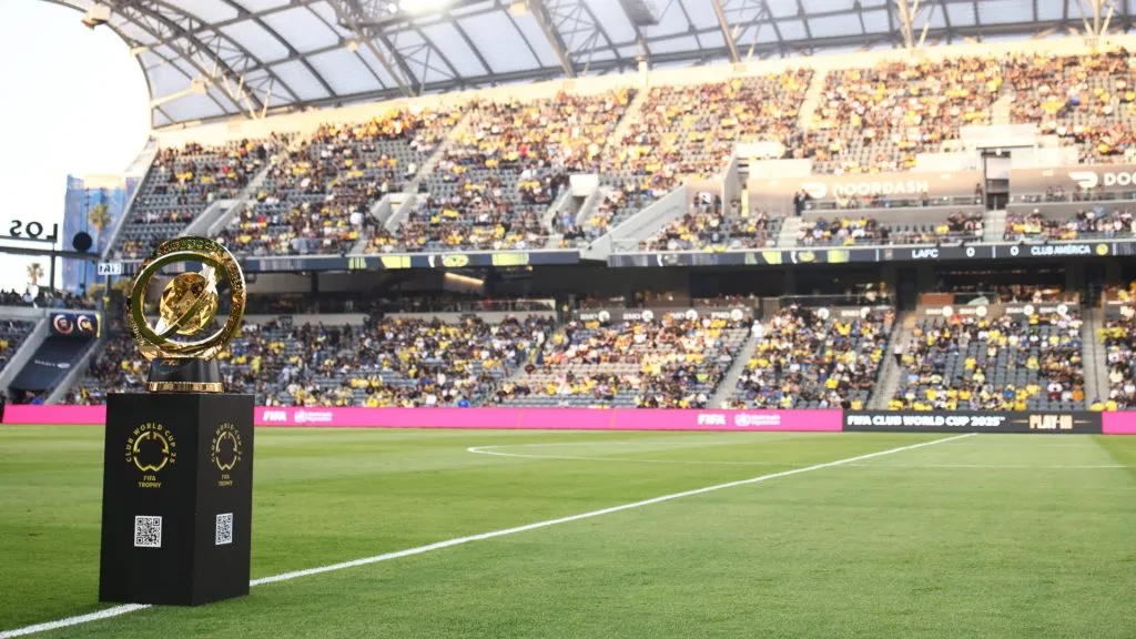 The trophy is displayed prior to the FIFA Club World Cup 2025 Play-In match between Los Angeles Football Club and Club America at BMO Stadium on May 31, 2025 in Los Angeles, California. (Photo by Jessie Alcheh/Getty Images)