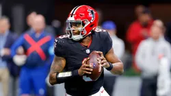 Michael Penix Jr. #9 of the Atlanta Falcons looks to pass the ball against the New York Giants during the second quarter at Mercedes-Benz Stadium on December 22, 2024 in Atlanta, Georgia.