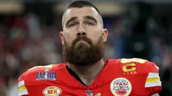 Travis Kelce #87 of the Kansas City Chiefs stands for the national anthem prior to Super Bowl LVIII against the San Francisco 49ers at Allegiant Stadium on February 11, 2024 in Las Vegas, Nevada.