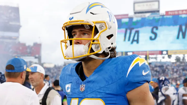 Justin Herbert #10 of the Los Angeles Chargers looks on after his team's 27-24 overtime loss against the Tennessee Titans at Nissan Stadium on September 17, 2023 in Nashville, Tennessee.