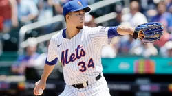 Kodai Senga #34 of the New York Mets pitches during the first inning against the Washington Nationals at Citi Field on June 12, 2025 in New York City.