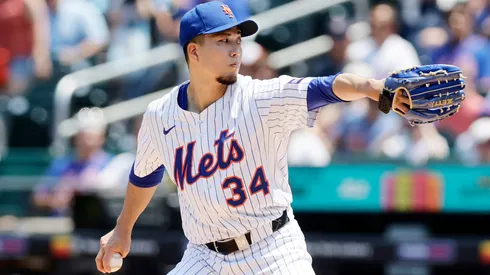 Kodai Senga #34 of the New York Mets pitches during the first inning against the Washington Nationals at Citi Field on June 12, 2025 in New York City.