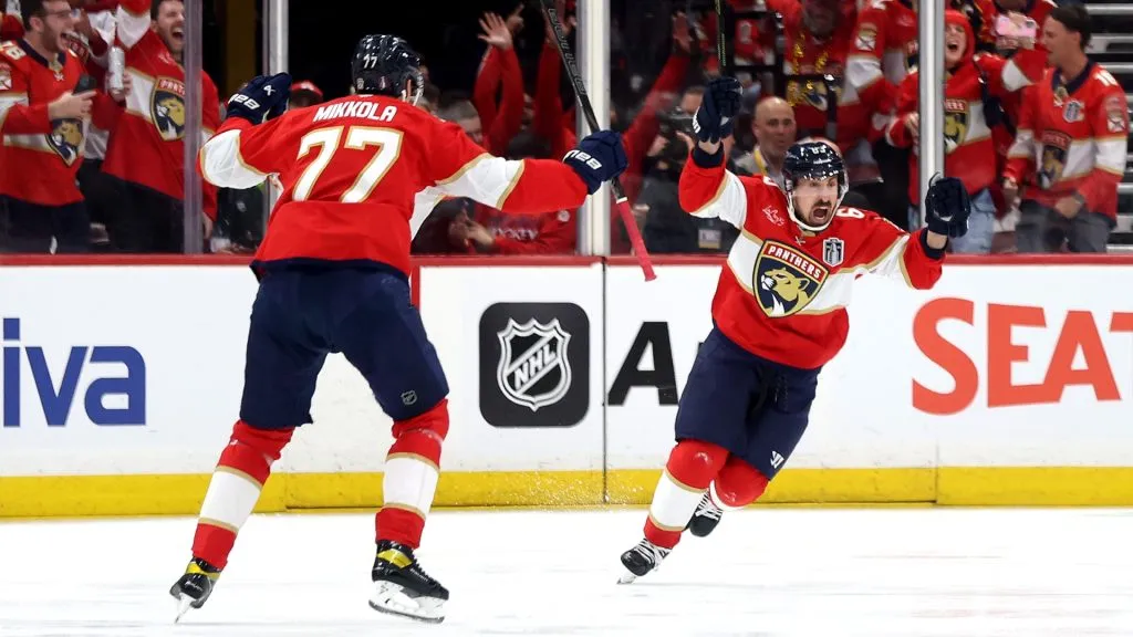 Brad Marchand #63 of the Florida Panthers reacts after scoring against the Edmonton Oilers during the first period in Game Three of the 2025 Stanley Cup Final at Amerant Bank Arena on June 09, 2025 in Sunrise, Florida. (Photo by Steph Chambers/Getty Images)