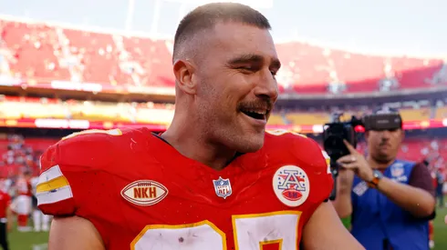 Travis Kelce #87 of the Kansas City Chiefs talks on his phone after a game against the Chicago Bears at GEHA Field at Arrowhead Stadium on September 24, 2023 in Kansas City, Missouri.