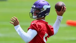 J.J. McCarthy #9 of the Minnesota Vikings throws the ball during Minnesota Vikings mandatory minicamp at Twin Cities Orthopedics Performance Center on June 04, 2024 in Eagan, Minnesota.