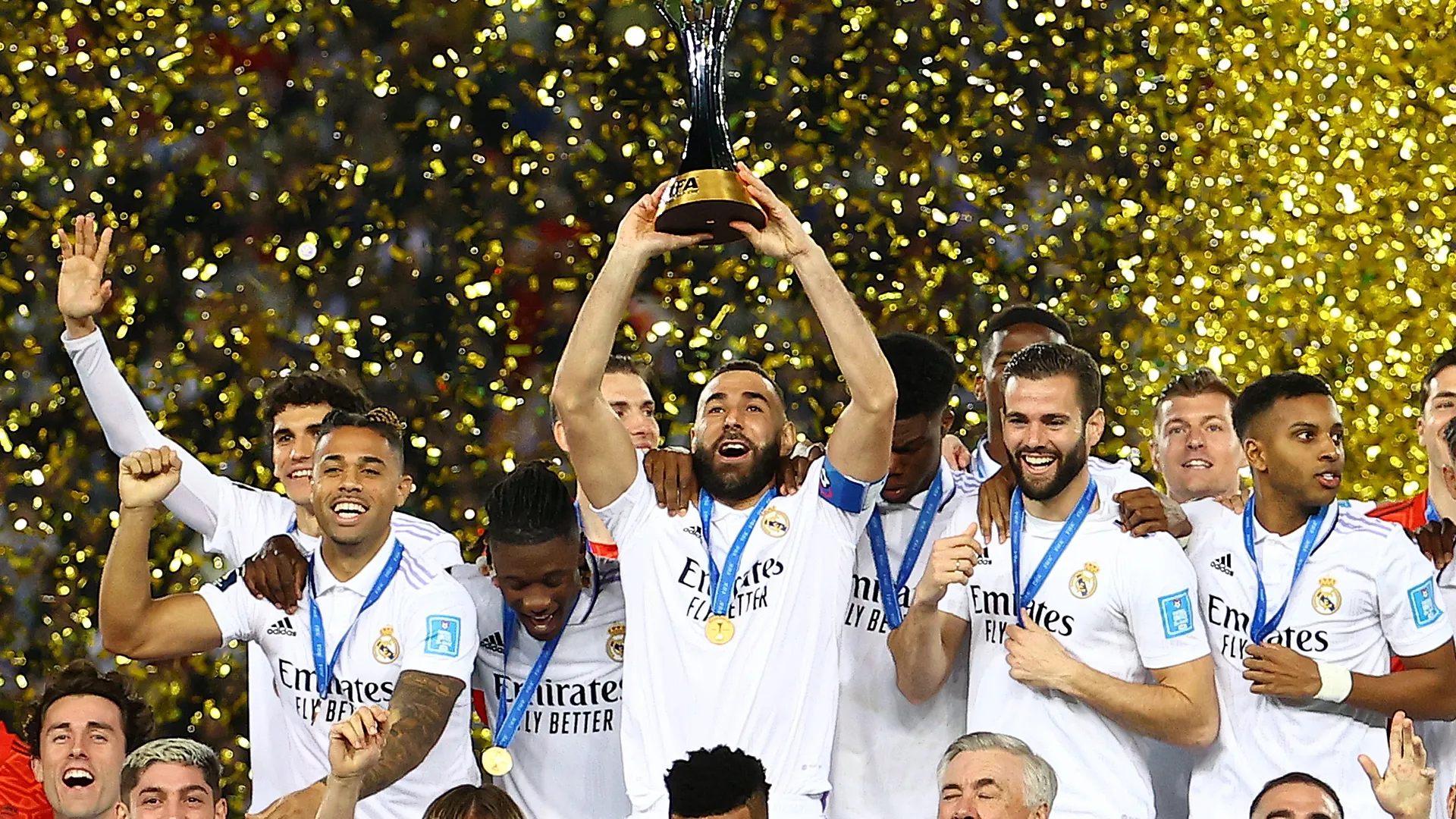 Karim Benzema of Real Madrid lifts the FIFA Club World Cup Morocco 2022 Trophy following their sides victory in the FIFA Club World Cup Morocco 2022 Final match between Real Madrid and Al Hilal