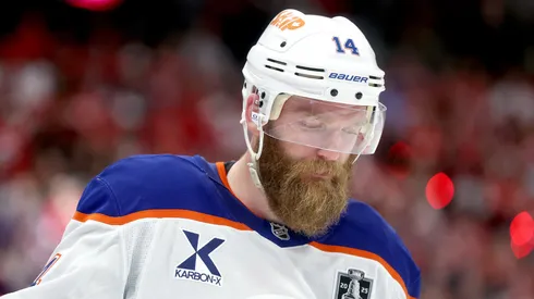 Mattias Ekholm #14 of the Edmonton Oilers looks on during the second period against the Florida Panthers in Game Four of the 2025 Stanley Cup Final at Amerant Bank Arena on June 12, 2025 in Sunrise, Florida.