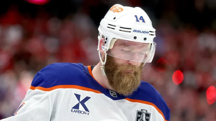 Mattias Ekholm #14 of the Edmonton Oilers looks on during the second period against the Florida Panthers in Game Four of the 2025 Stanley Cup Final at Amerant Bank Arena on June 12, 2025 in Sunrise, Florida.